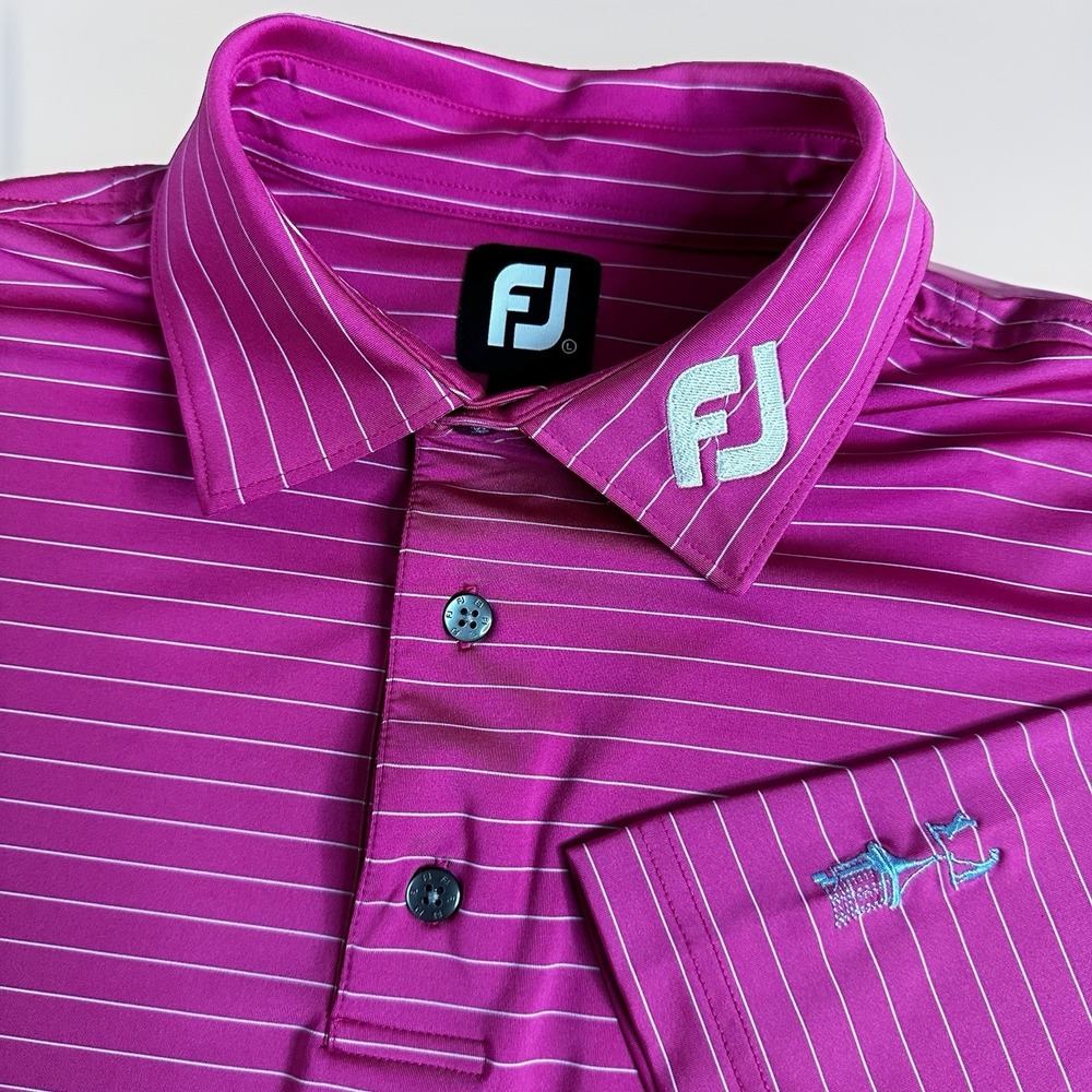 FootJoy Tour Issue Polo Shirt Mens Large Pink Striped Performance Golfer Caddie
